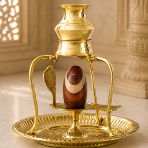 Narmadeshwar Shivling with Brass Jalahari & Abhishek Patra Set | 3 Inch Shivling | Traditional Brass Shivling Stand for Home Pooja