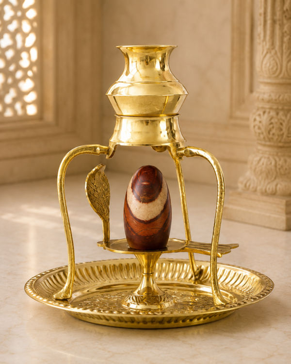 Narmadeshwar Shivling with Brass Jalahari & Abhishek Patra Set | 3 Inch Shivling | Traditional Brass Shivling Stand for Home Pooja