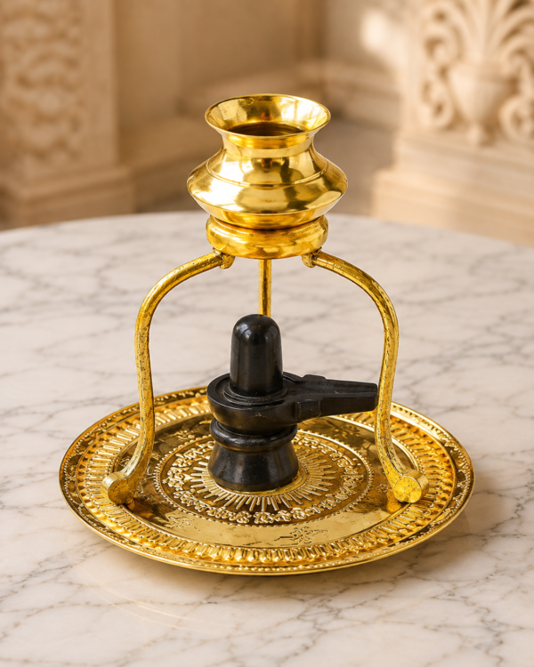 Shivling Abhishek Pooja Set with Brass Stand, Kalash & Pooja Plate | Black Marble Shivling 2.5 Inch |