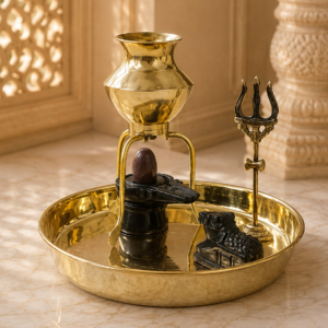 Narmadeshwar Shivling with Brass Jal Abhishek Lota/Kalash, Nandi & Trishul | Brass Shivling Stand with Pooja Thali