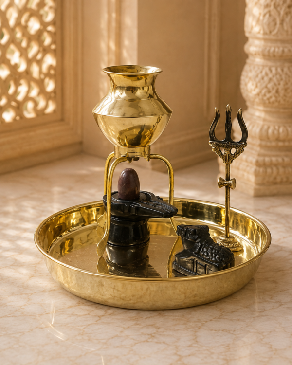 Narmadeshwar Shivling with Brass Jal Abhishek Lota/Kalash, Nandi & Trishul | Brass Shivling Stand with Pooja Thali