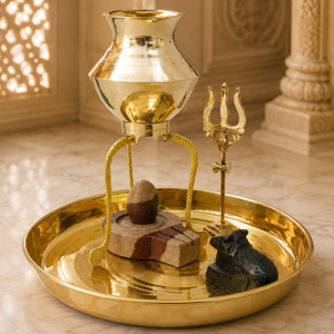 Narmadeshwar Shivling with Jaldhara Abhishekam Set | Narmada Stone Jalheri Argha with Shiva Lingam | Brass Trishul, Stone Nandi & Brass Pooja Thali