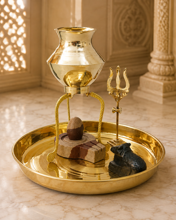 Narmadeshwar Shivling with Jaldhara Abhishekam Set | Narmada Stone Jalheri Argha with Shiva Lingam | Brass Trishul, Stone Nandi & Brass Pooja Thali